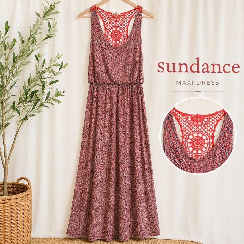 Sundance Red Maxi Dress M Boho Crochet Lace Racerback Sleeveless Festival‎ Beach